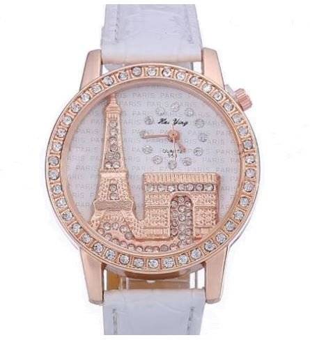 Elegant Paris Eiffel Tower Rose Gold & Austrian Crystal Leather Quartz Wrist Watch