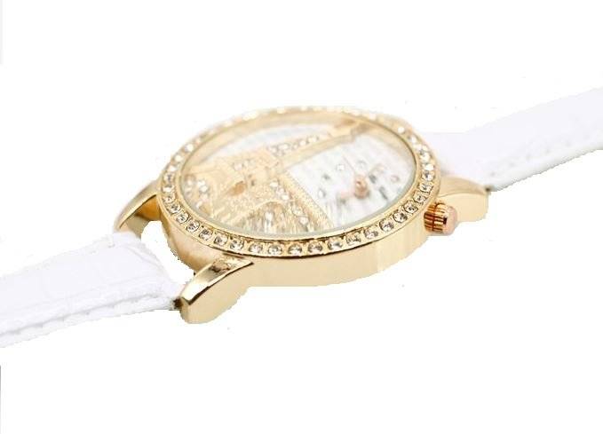 Elegant Paris Eiffel Tower Rose Gold & Austrian Crystal Leather Quartz Wrist Watch