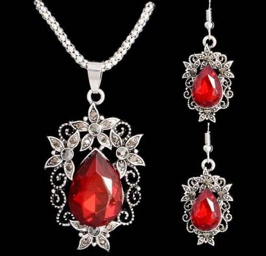 Elegant Vintage Silver Blue and Red Cubic Zirconia Jewelry Set in Complimentary Gift Box