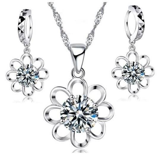MOTHERS DAY GIFT - 925 Sterling Silver Cubic Zirconia Flower Jewelry Set in Complimentary Gift Box