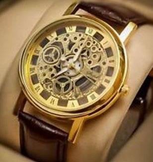 Trendy Men's Stainless Steel & Leather Skeleton Wrist Watch in Gold & Brown