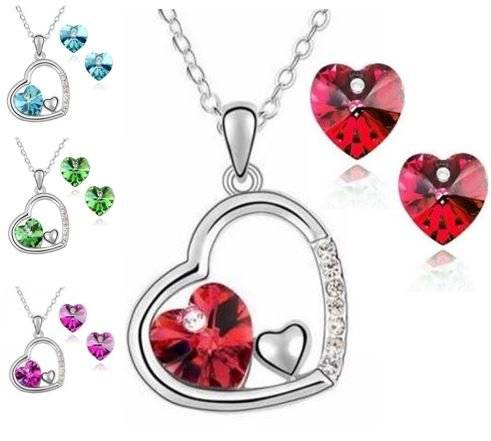 Elegant 18K White Gold Plated Floating Heart Love Jewellery Set With Austrian Crystals in 4 Colours
