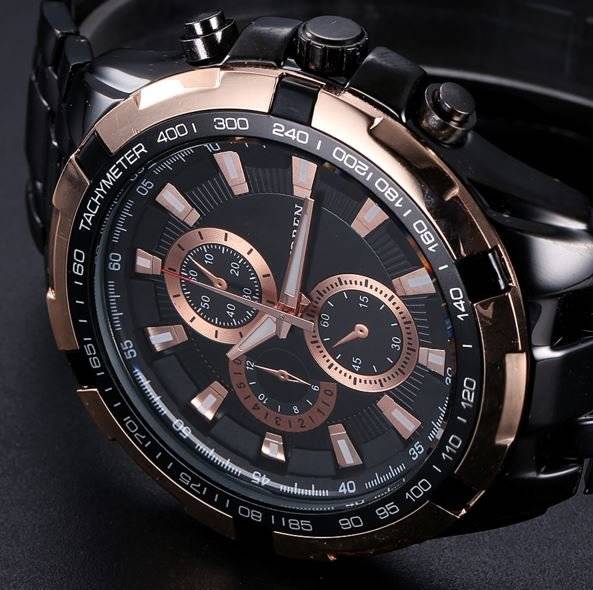 Elegant CURREN Military Mens Quartz Wrist Watch With Stainless Steel Strap - Black and Gold