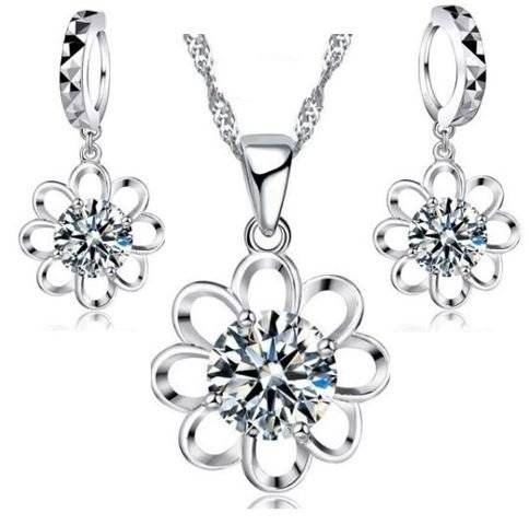 MOTHERS DAY GIFT - 925 Sterling Silver Cubic Zirconia Flower Jewelry Set in Complimentary Gift Box