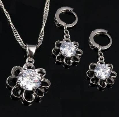MOTHERS DAY GIFT - 925 Sterling Silver Cubic Zirconia Flower Jewelry Set in Complimentary Gift Box