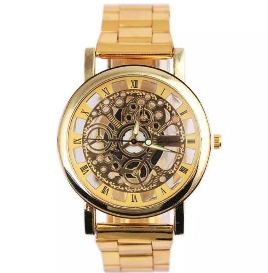 Business Men's Stainless Steel Skeleton Wrist Watch in Gold - Complimentary Gift Box