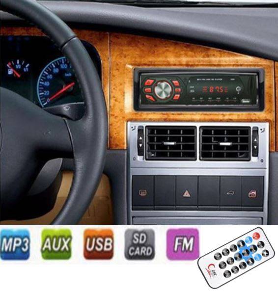 LED MP3 Car Radio & Remote - Supports USB, SD Card, AUX, 5V Charging, 4 x Speakers etc.