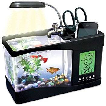 USB Desktop Aquarium, Water Recirculates to provide Oxygen, LED Light, LCD Display,Stationary Holder