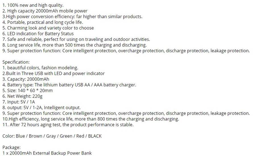 20 000mAh USB Power Bank for Charging of Electronic Devices With LED Flashlight