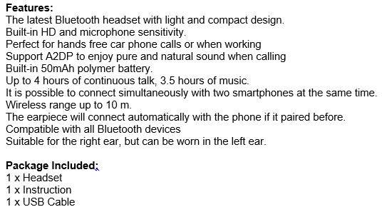 Bluetooth 4.0 Earpiece, Perfect for Hands free Calls and Listening to Music - Light & Compact Design