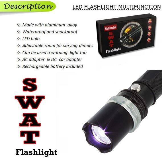 Tactical Swat Rechargeable LED Flashlight, Battery, Charger, Car Charger CHEAPEST COURIER FEES