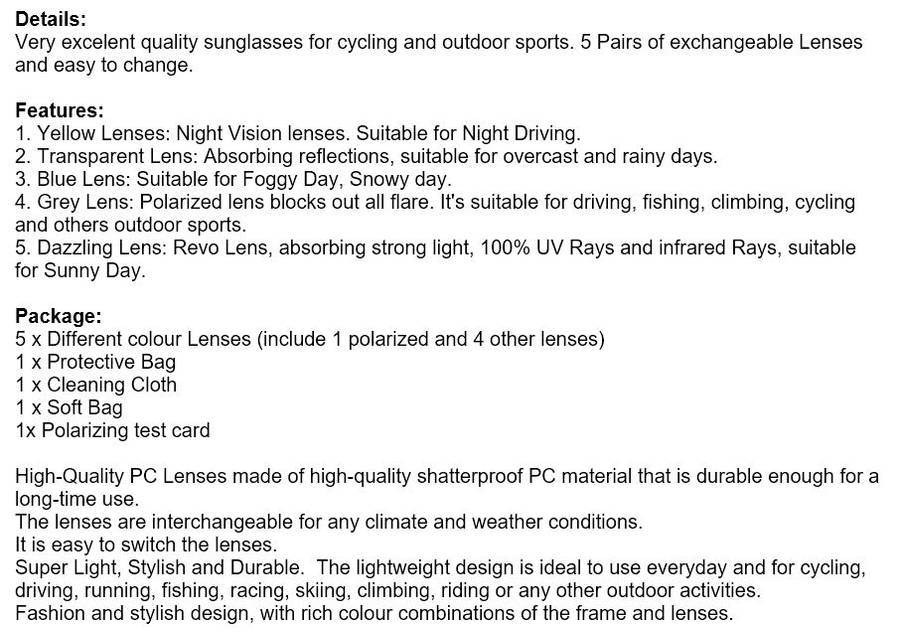 10 Piece Polarized UV400 Cycling Sunglasses with 5 changeable Lenses
