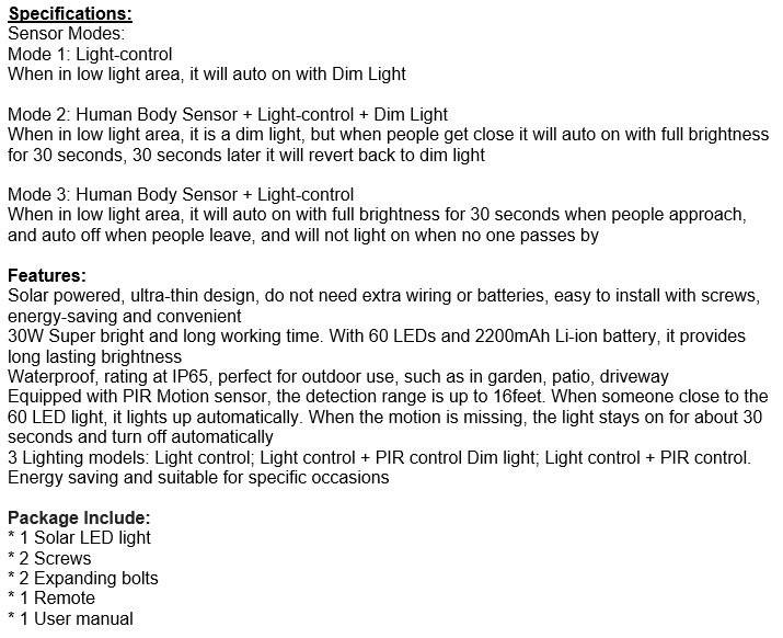 30W LED SOLAR Street Light with Remote, 60 LED, PIR, Motion Sensor, Waterproof with 3 Lighting Modes