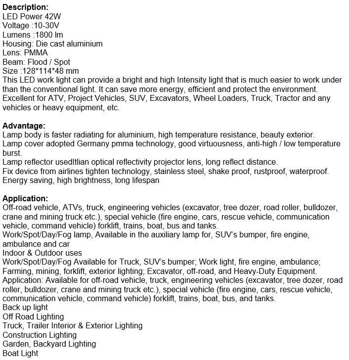 42 Watt Waterproof Pure White 6000K LED Work Flood Spot Light