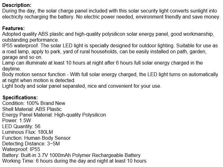 56 LED Multi functional Solar Energy PIR Motion Sensor Detection Flood Light Kit