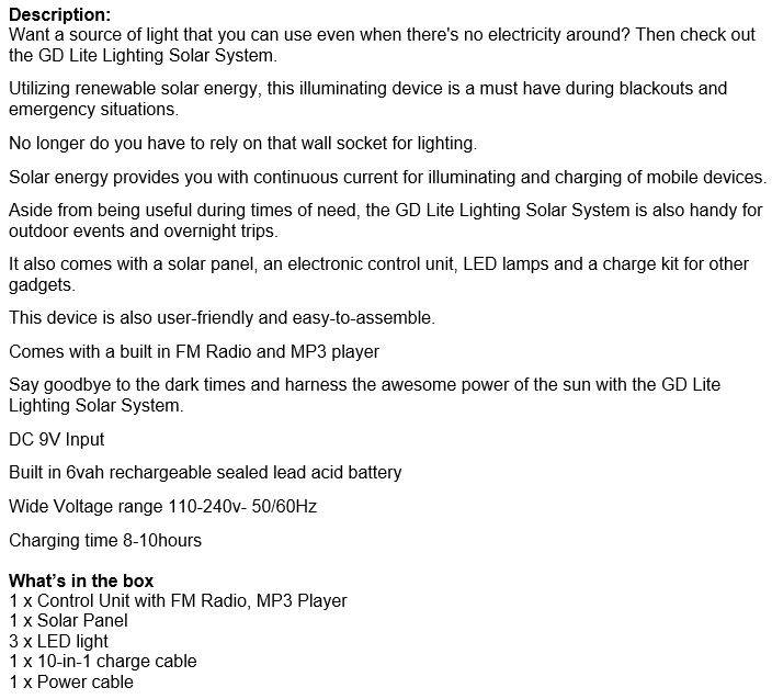 SOLAR FM Radio Light System - Control Radio Unit, 3 LED Lights, Solar Panel, Remote & 10 in 1 Cable