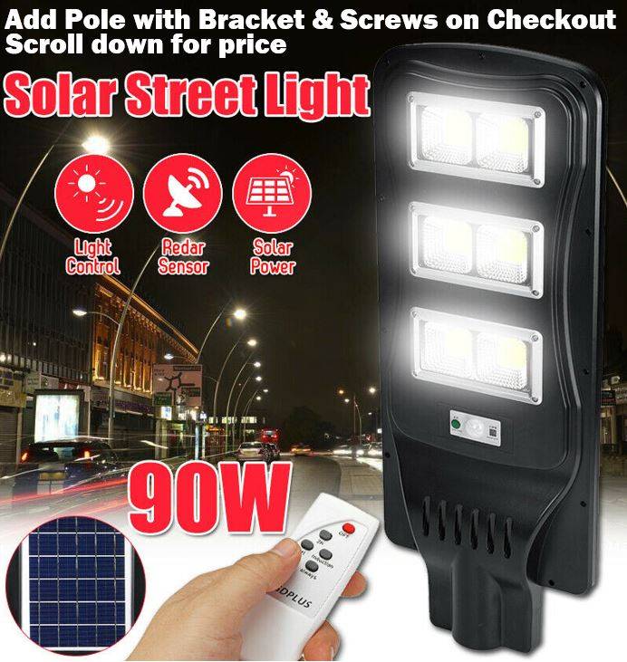 90Watt LED SOLAR Street Light with Remote, PIR, Motion Sensor, Waterproof with 3 Lighting Modes