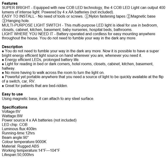 4 COB LED Super Bright Night Light, Easy to Install with Magnetic Base