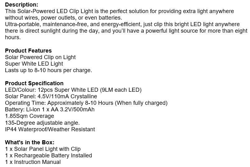 Ultra-portable, Maintenance-free and Energy-Efficient SOLAR LED Clip on Light