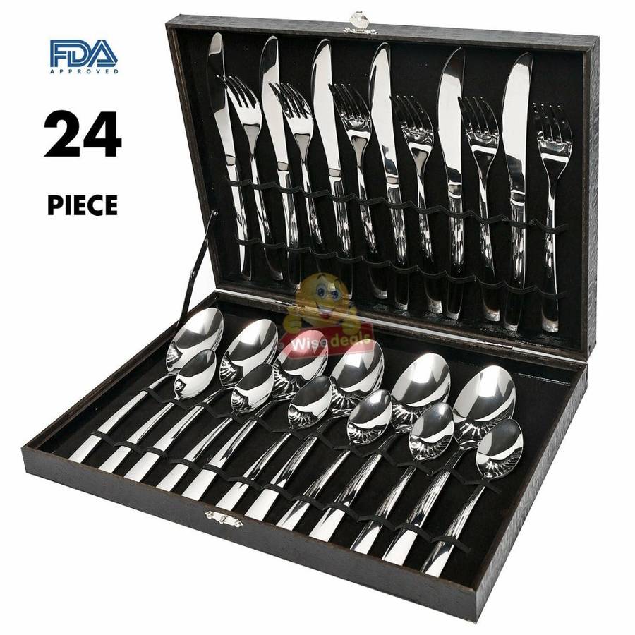 24 Piece Modern Silverware Stainless Steel Cutlery Set in Wooden Case