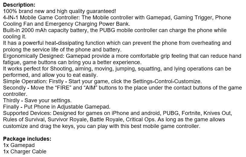 4-IN1 Mobile Game Controller, Works as Gamepad, Gaming Trigger, Phone Charging & Cooling Fan