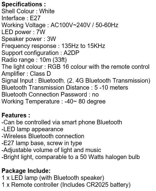 Bluetooth LED Music Bulb Light, RGB 16 Colours with Remote Control, Adjustable volume of Light etc