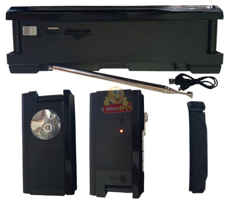 Rechargeable Bluetooth SOLAR AM-FM Radio with USB, SD, Aux MP3 Player, Flashlight, 18650mAh