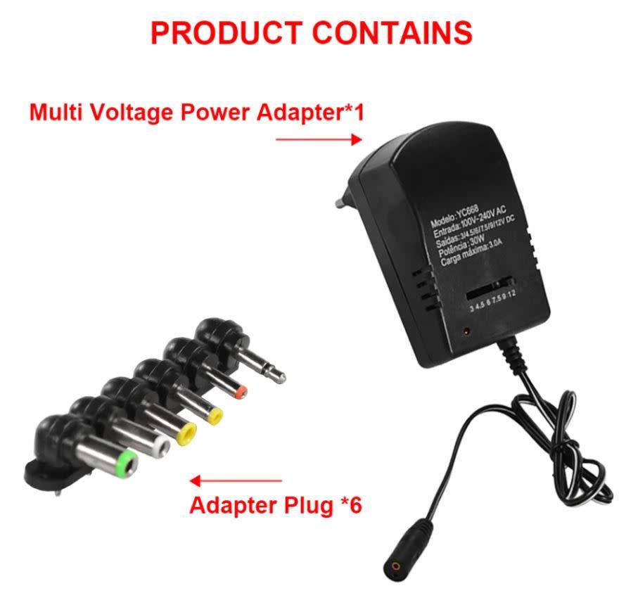 Universal Adjustable AC Adapter Converter Plug, 3V, 4.5V, 6V, 7.5V, 9V and 12V
