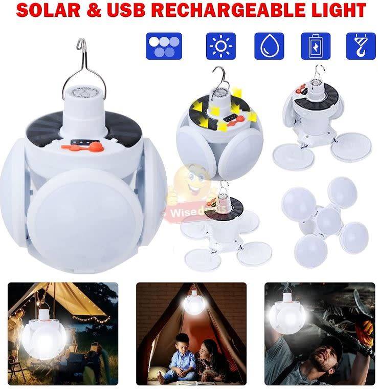 SOLAR 90° Foldable LED Fan Foodball Light, Also Charge with USB, Waterproof