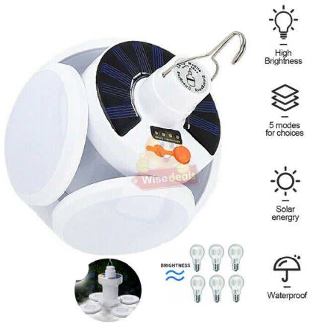 SOLAR 90° Foldable LED Fan Foodball Light, Also Charge with USB, Waterproof