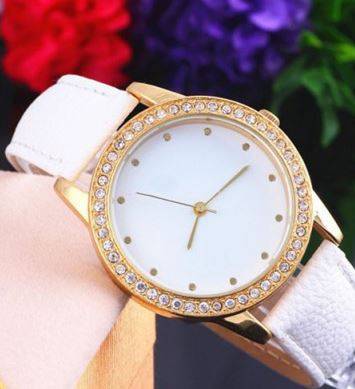 Elegant Ladies Golden Crystal Leather Wrist Watch - White