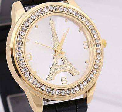 Elegant Ladies Crystal Eiffel Tower Wrist Watch - Black