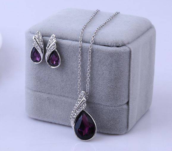 Equisite Sterling Silver Double Layer Purple Crystal Teardrop Shaped Juwellery Set