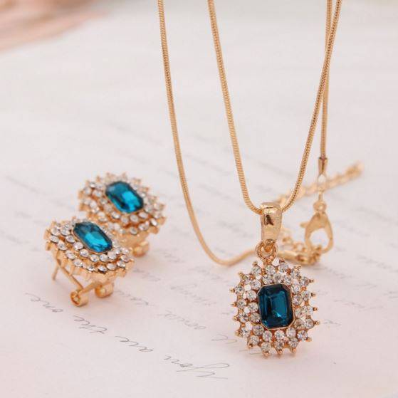 Luxury Ladies Rose Gold Aqua Austrian Crystal Jewellery Set
