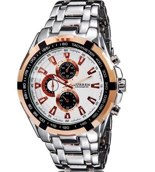 Elegant CURREN Military Mens Quartz Wrist Watch With Stainless Steel Strap - Silver, White & Gold