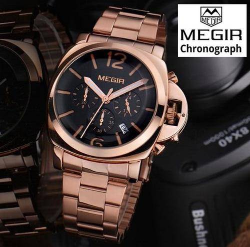 Luxury Megir CHRONOGRAPH Stainless Steel Mens Wrist Watch in Rosegold and Black