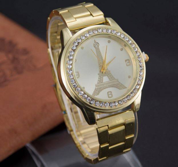 Elegant Paris Eiffel Tower Golden Stainless Steel Rhinestone Ladies Wrist Watch