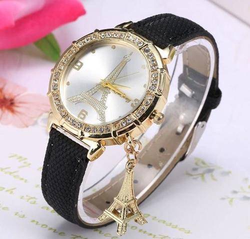 Luxury Ladies Leather Eiffel Tower Quartz Wrist Watch With Eiffel Tower Pendant in Black