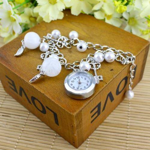 Elegant Silver Ladies Charm Bracelet Wrist Watch