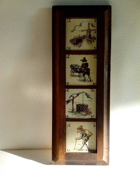 Old Wooden Wall Hanging Frame with Four Small Dutch Tiles