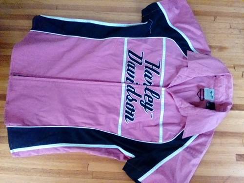 Ladies Pink & Black Harley Davidson Shirt Size L - 98% Cotton 2% Spandex