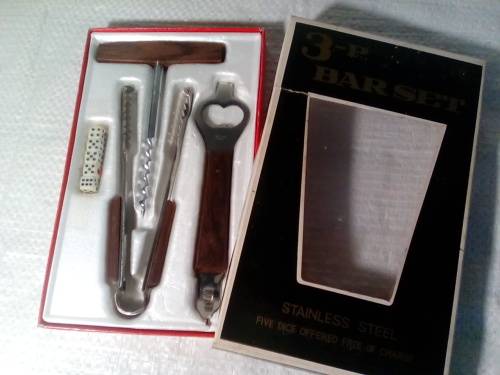 Vintage Stainless Steel & Wood Three Piece Bar Set (Ref 102)