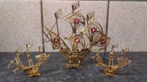 Set of Three Small Light Metal Galleons from Portugal