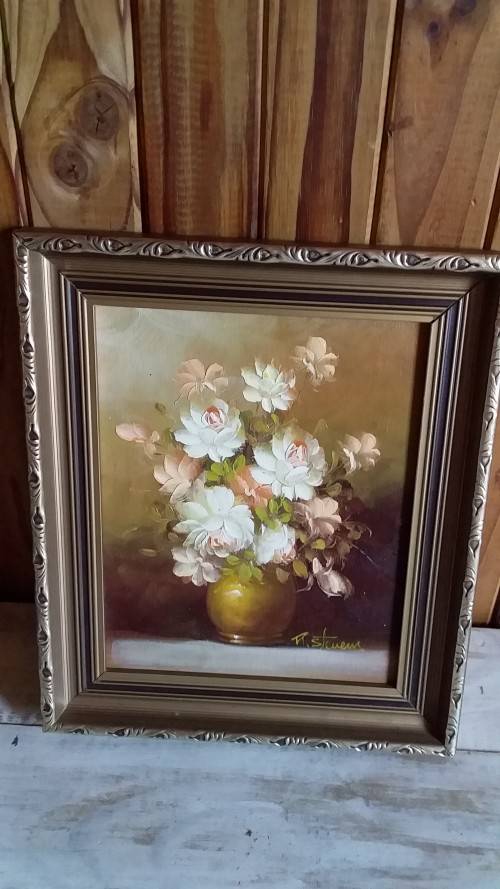 Impressive Still Life Oil Painting by R Stevens in Ornate Frame