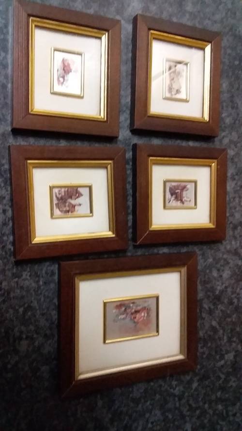 Five small frames with miniature art - not vintage