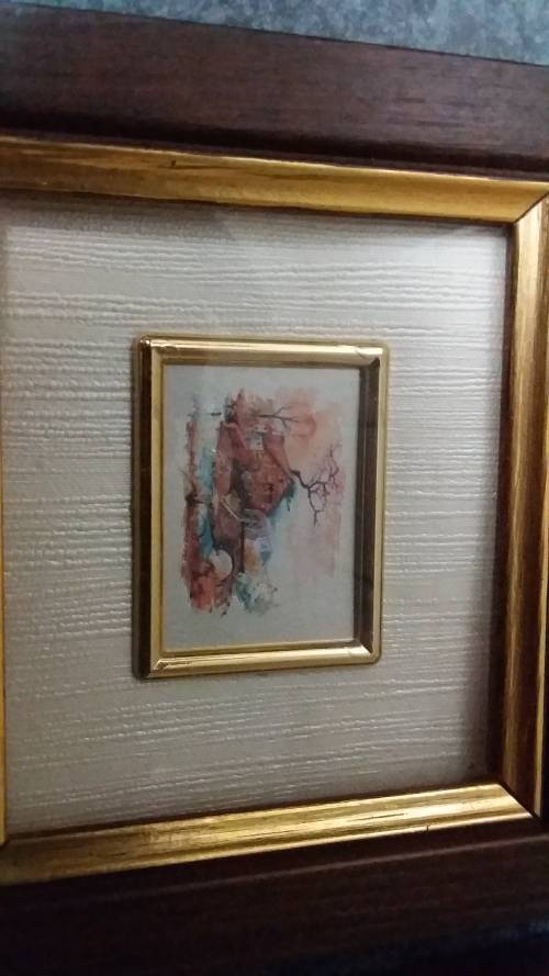 Five small frames with miniature art - not vintage