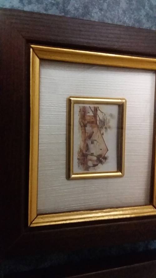 Five small frames with miniature art - not vintage
