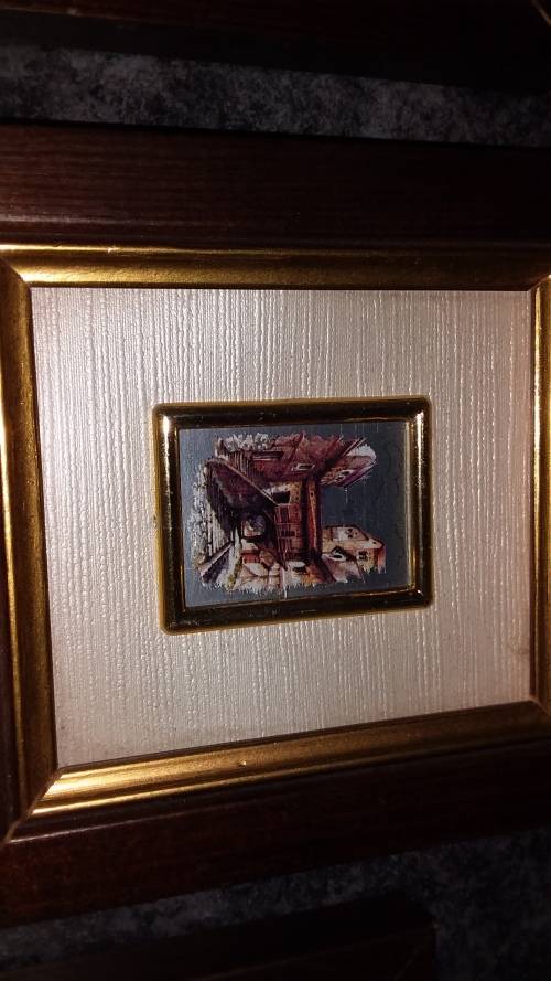 Five small frames with miniature art - not vintage