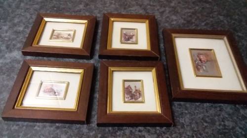 Five small frames with miniature art - not vintage