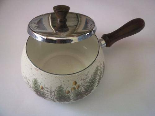 Lovely Enamel Pot with Wooden Handle